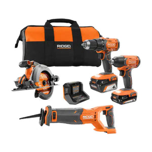 RIDGID R96256 18V Cordless 4-Tool Combo Kit with (1) 4.0 Ah Battery, (1) 2.0 Ah Battery, Charger, and Bag