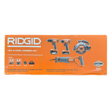 Load image into Gallery viewer, RIDGID R96256 18V Cordless 4-Tool Combo Kit with (1) 4.0 Ah Battery, (1) 2.0 Ah Battery, Charger, and Bag