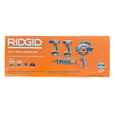 RIDGID R96256 18V Cordless 4-Tool Combo Kit with (1) 4.0 Ah Battery, (1) 2.0 Ah Battery, Charger, and Bag