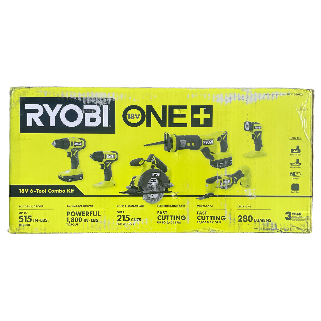 RYOBI PCL1600K2 ONE+ 18-Volt Cordless 6-Tool Combo Kit with (2) Batteries, 18-Volt Charger, and Bag