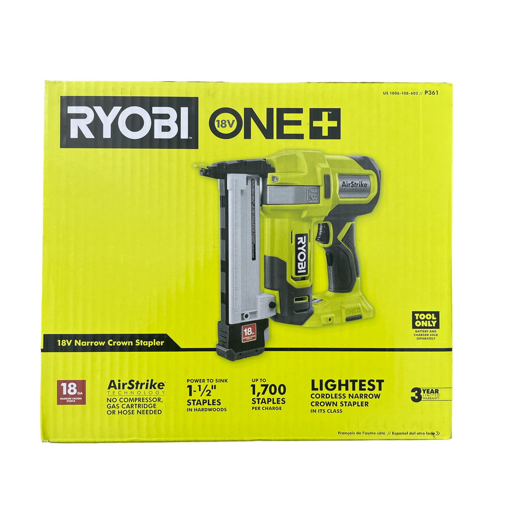 Ryobi P361 ONE+ 18-Volt 18-Gauge Cordless AirStrike Narrow Crown Stapler (Tool Only)